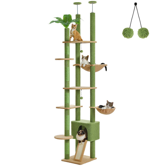 Cactus Cat Tree Floor to Ceiling Cat Tower Adjustable Height with Cat Condo Cozy Hammock and Scratching Post Tall Activity Tree