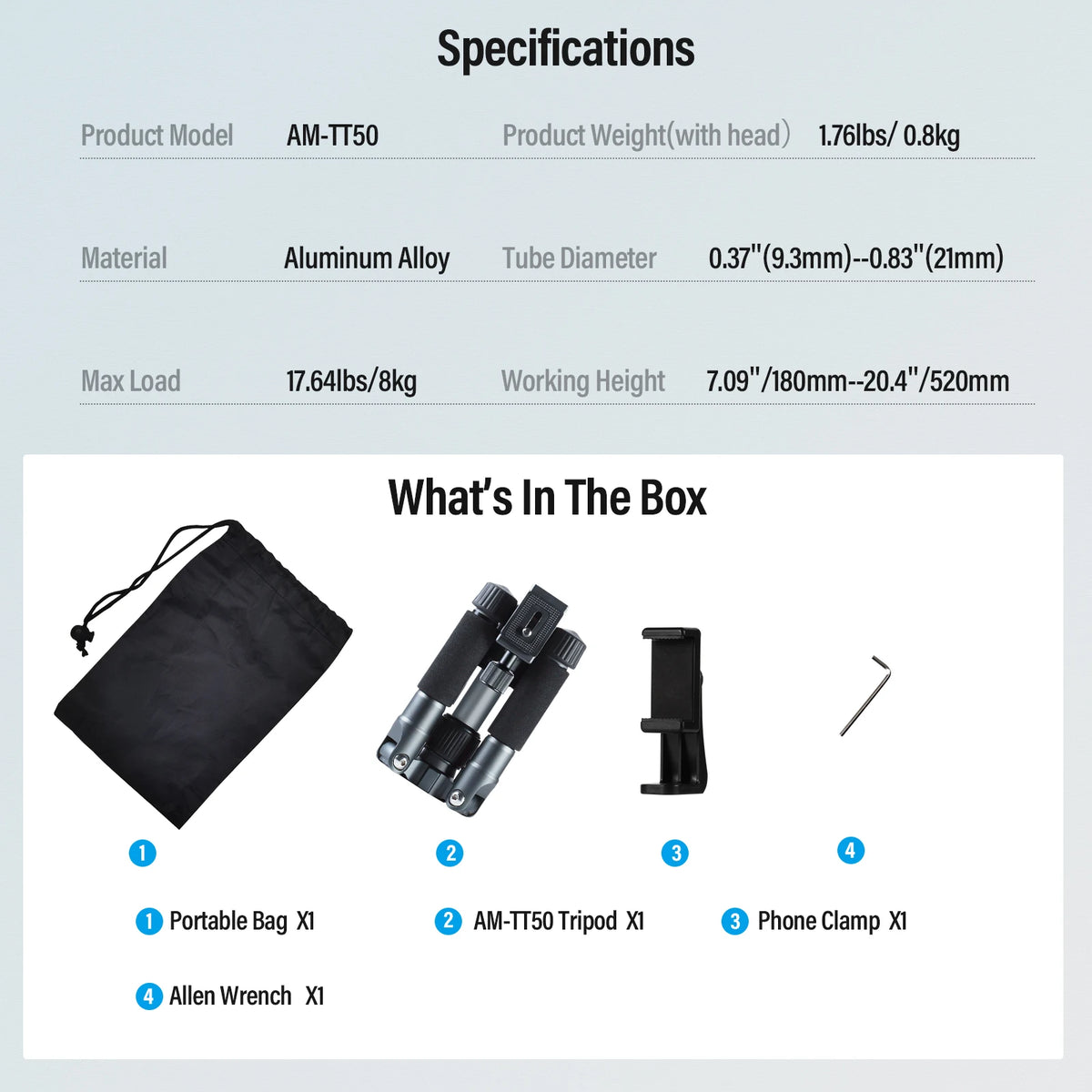 SIRUI 52cm Mini Desktop Tripod For Camera Portable Tabletop Tripod 360° Ball Head For DSLR, Mirrorless, Phone Load 8KG AM-TT50