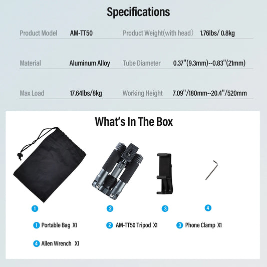 SIRUI 52cm Mini Desktop Tripod For Camera Portable Tabletop Tripod 360° Ball Head For DSLR, Mirrorless, Phone Load 8KG AM-TT50