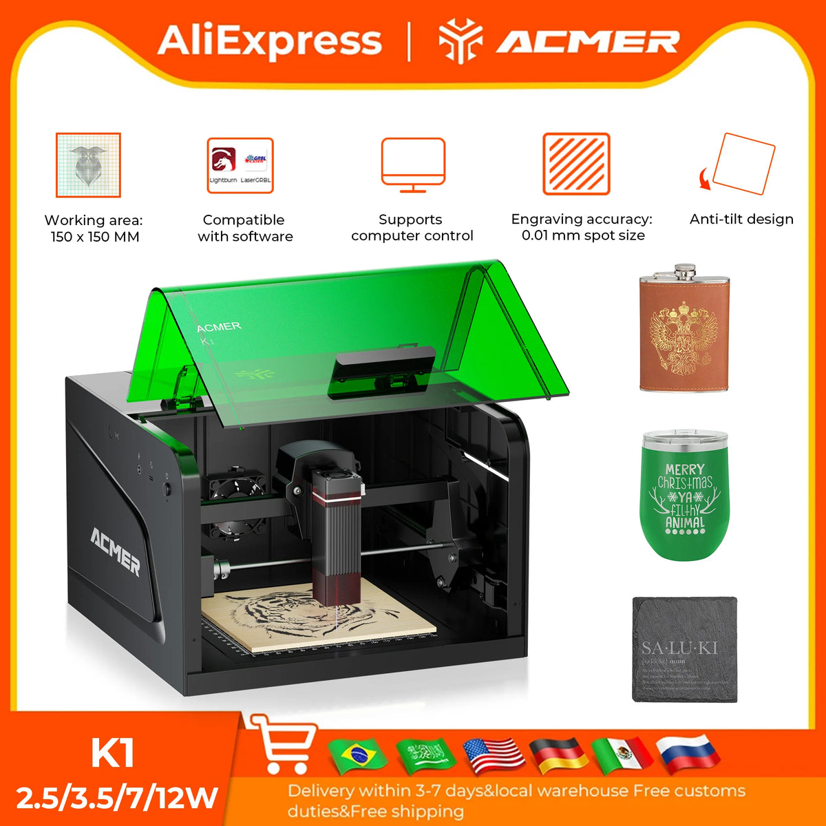 Acmer K1 Desktop Sealed Laser Engraving And Cutting CNC Machine