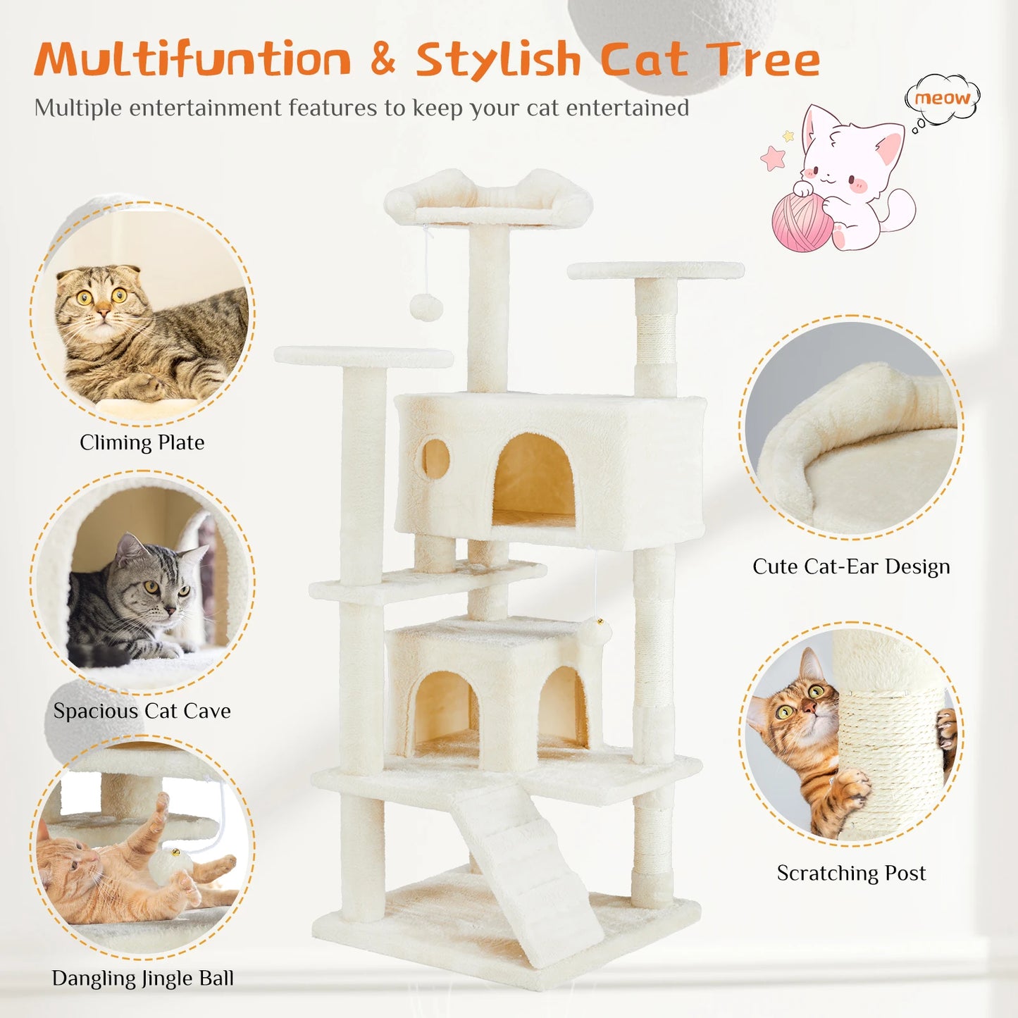 JHK Four Tier Cat Tree With Sisal Scratching Post Home