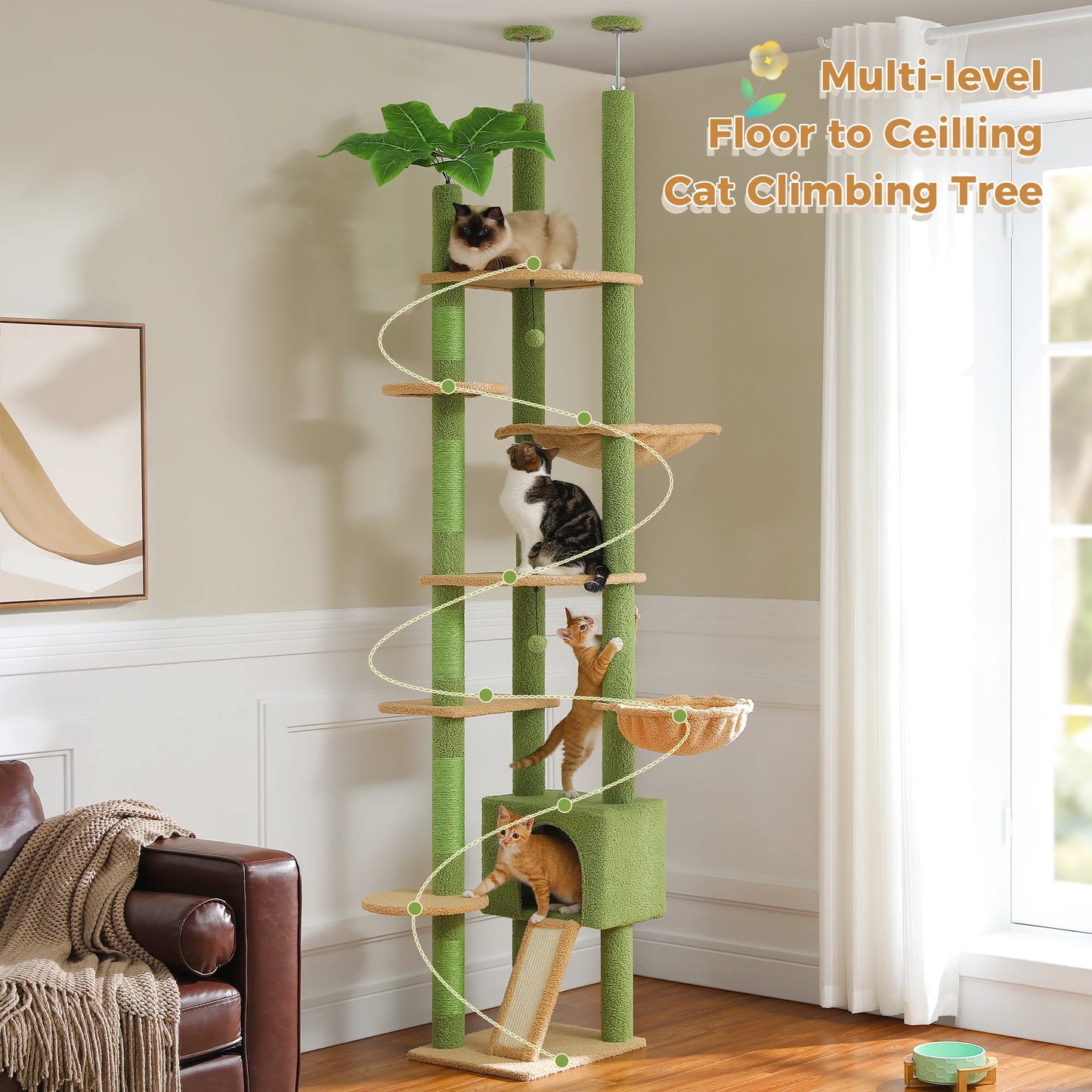 Cactus Cat Tree Floor to Ceiling Cat Tower Adjustable Height with Cat Condo Cozy Hammock and Scratching Post Tall Activity Tree
