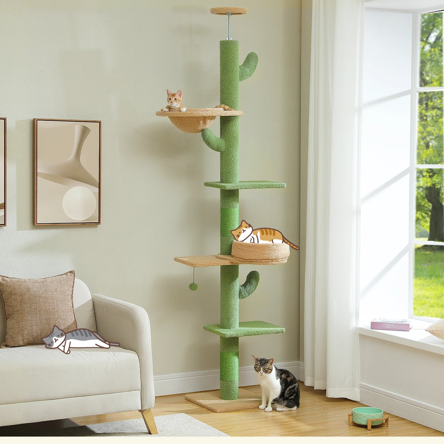 PEQULTICN Cactus Cat Tree Floor To Ceiling Cat Tower Hammock