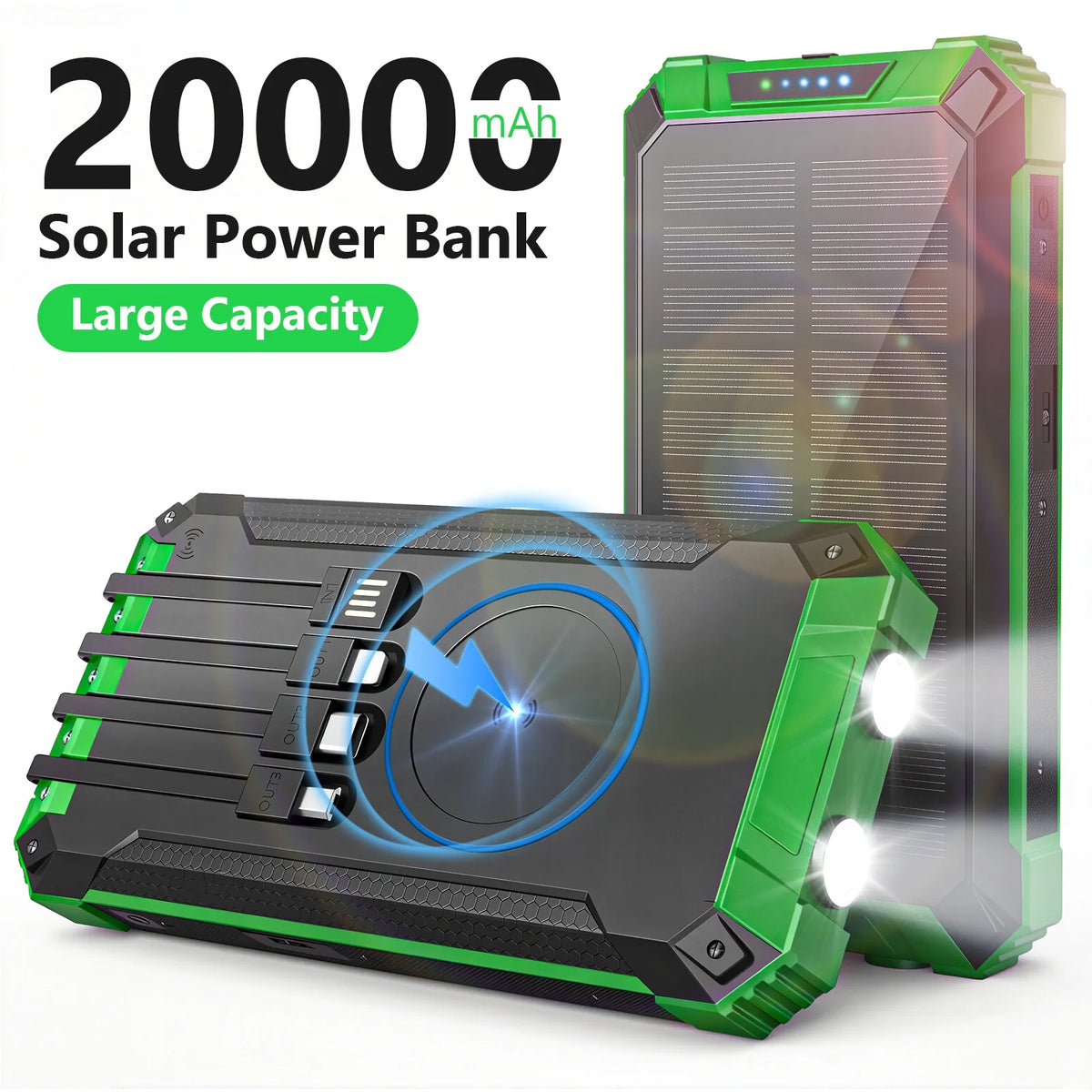 Solar Power Bank with LED Lights and Built-In Charging Cables
