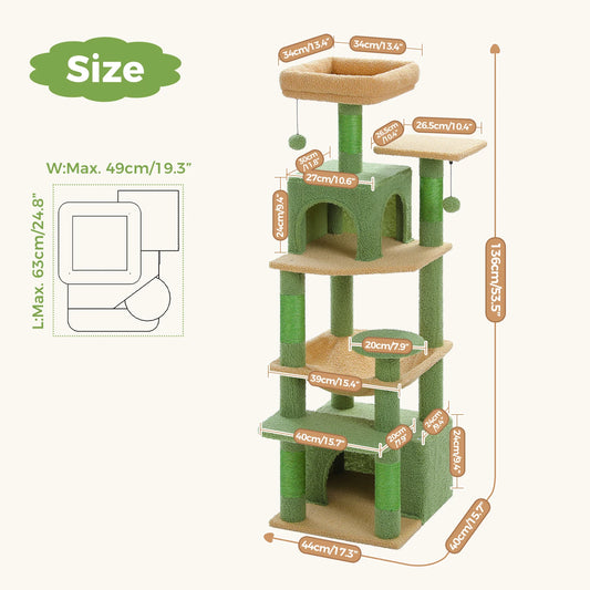 6-levels Cat Tree Tower with Joyful Pompom,Cozy Hammock,Double Condos,2 Top Perches,5 Scratching Posts Perfect for Indoor Cats