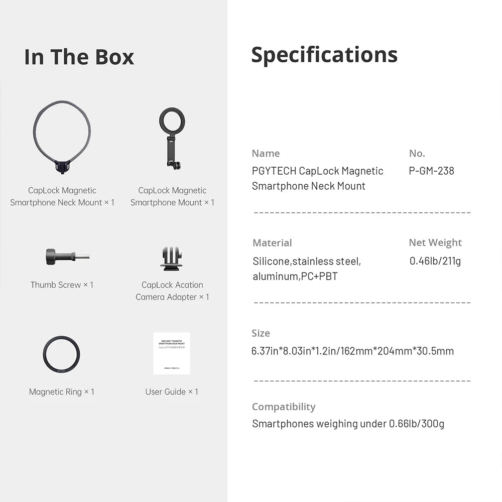 PGYTECH CapLock Magnetic Smartphone Neck Mount For Gopro/Insta360/DJI Action Camera