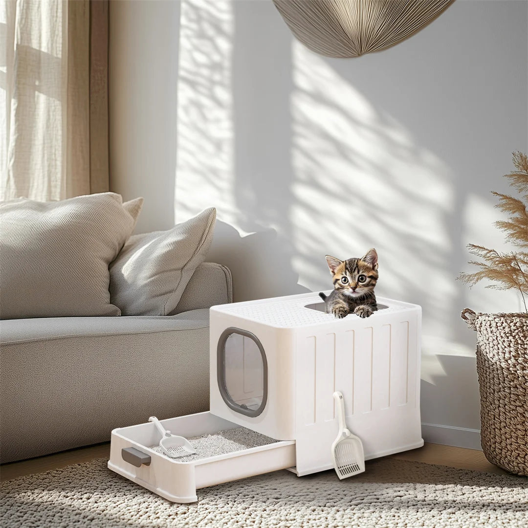Foldable Top Entry Cat Litter Tray With Lid Drawer