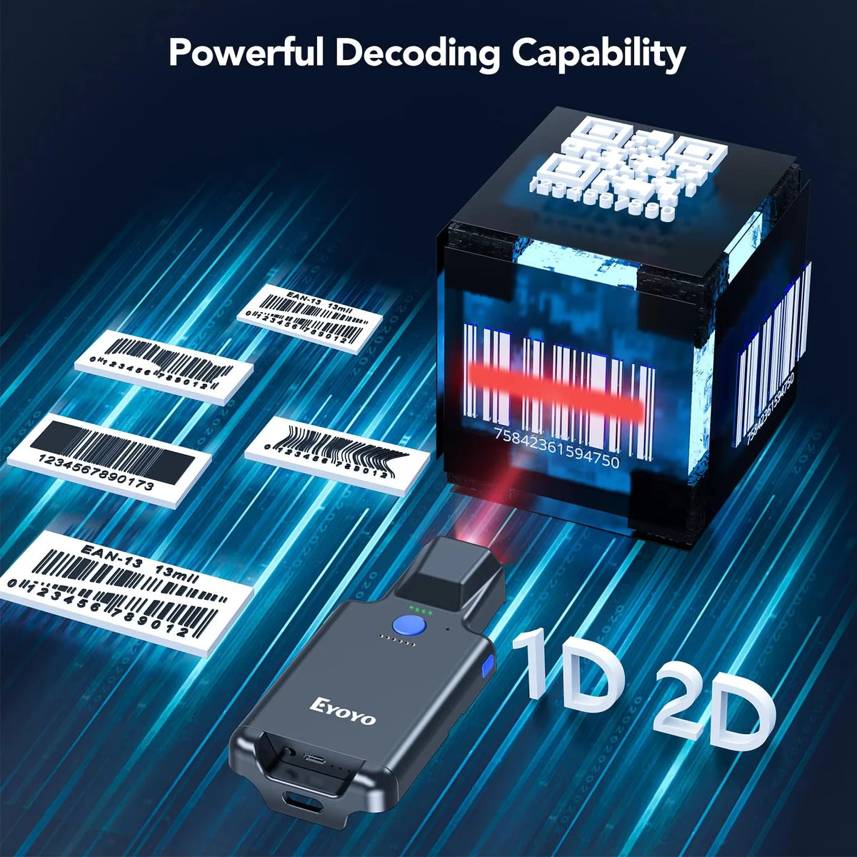 Eyoyo 1D 2D Bluetooth Barcode Scanner Back Clip Design Wireless Portable QR Code Reader for Fast Scanning UPC ISBN PDF417 Data Matrix Bar Codes Works with iPhone iPad