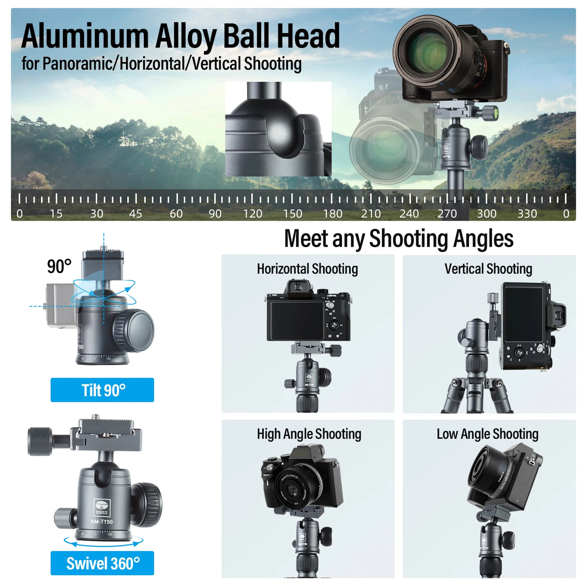 SIRUI 52cm Mini Desktop Tripod For Camera Portable Tabletop Tripod 360° Ball Head For DSLR, Mirrorless, Phone Load 8KG AM-TT50