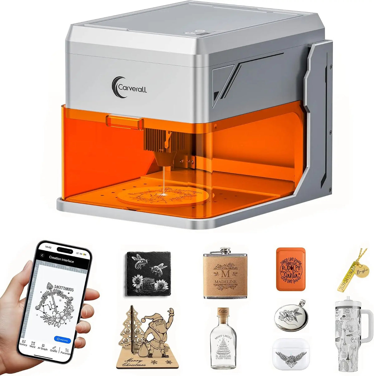 Carverall A1 Pro 5W Desktop Laser Engraver with Camera, AI, App Control, Beginner Lazer Engraving Machine for Wood Coated Metal Leather Dog Tag Paper Glass Food 5000mW Class 1