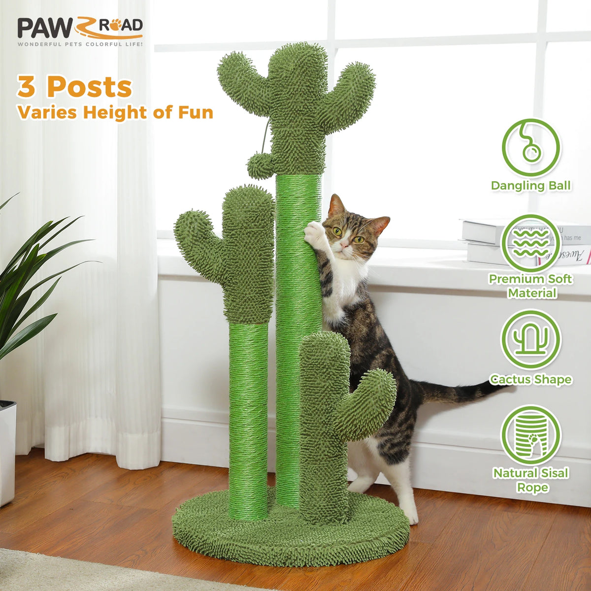 Cactus Cat Scratching Post for Indoor Cats Tall Cat Scratcher with 3 Sisal Scratching Poles Interactive Dangling Ball Cat Toys