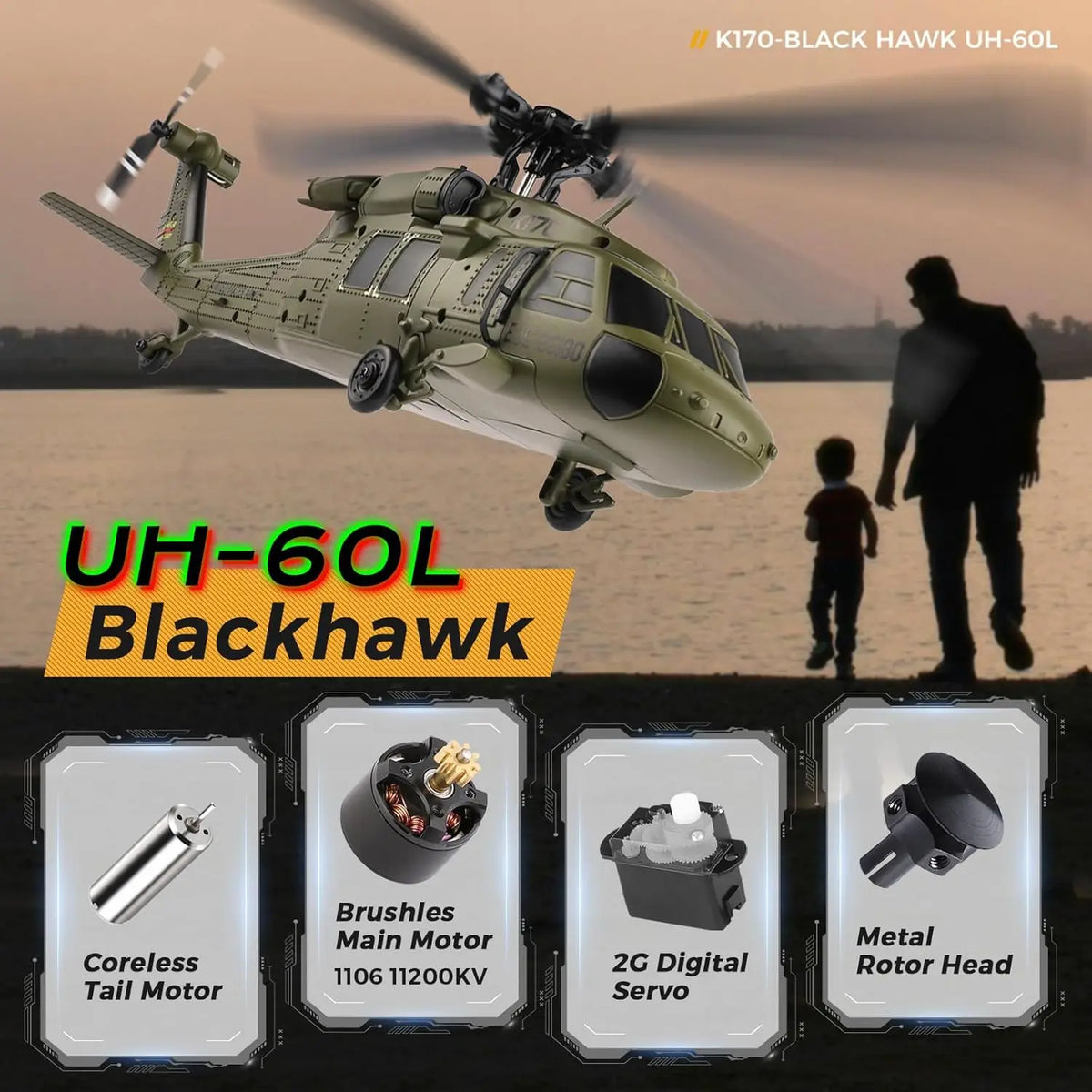 WLtoys K170 Brushless RC Helicopter Featuring Black Hawk Design