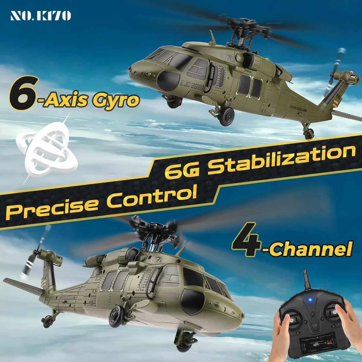 WLtoys K170 Brushless RC Helicopter Featuring Black Hawk Design